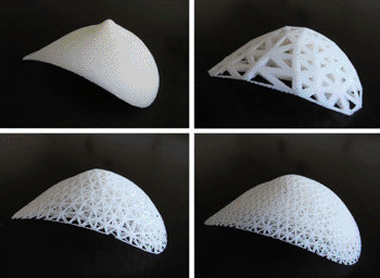 Imagen: Prototipos físicos de un modelo sólido y tres porosos seriados para una plataforma personalizada de ingeniería tisular en 3D (Fotografía cortesía de la Universidad de Tecnología Queensland).